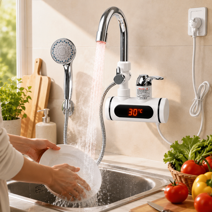 Grifo Caño Eléctrico Calentador de Agua con Manguera de Ducha incluida para Lavadero