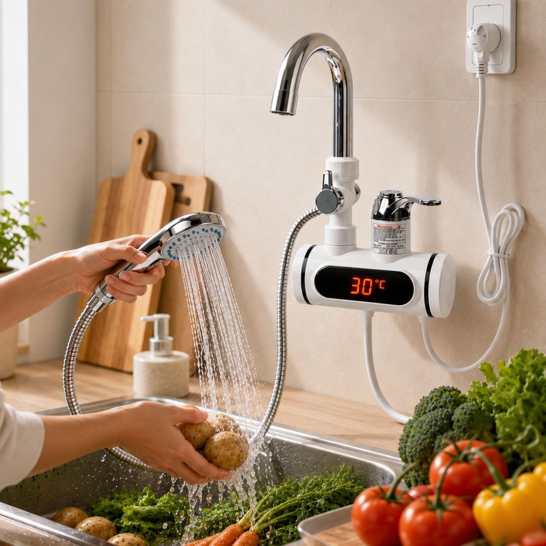 Grifo Caño Eléctrico Calentador de Agua con Manguera de Ducha incluida para Lavadero
